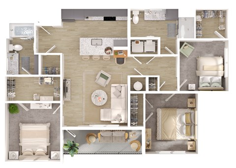 Floor plan for 3 beds, 2 baths, 1265 sqft